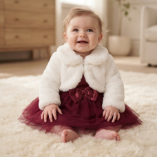 J16504NB: Baby Girls Satin & Tulle Dress, Knickers & Faux Fur Bolero (0-9 Months)